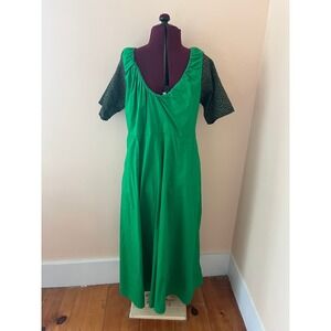 Upcycle Green Cotton Midi Dress Floral Puff Sleeve Smocked Back Sz L Fall Whimsy